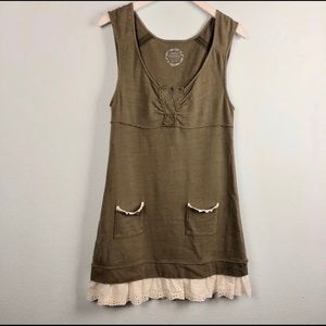 Free People Olive Green Mini Dress w/ Eyelet Trim